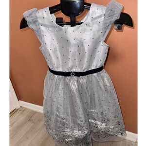 Jona Michelle Girls Silver Special Occasion Party Dress w/ Blue Velvet Belt sz 8